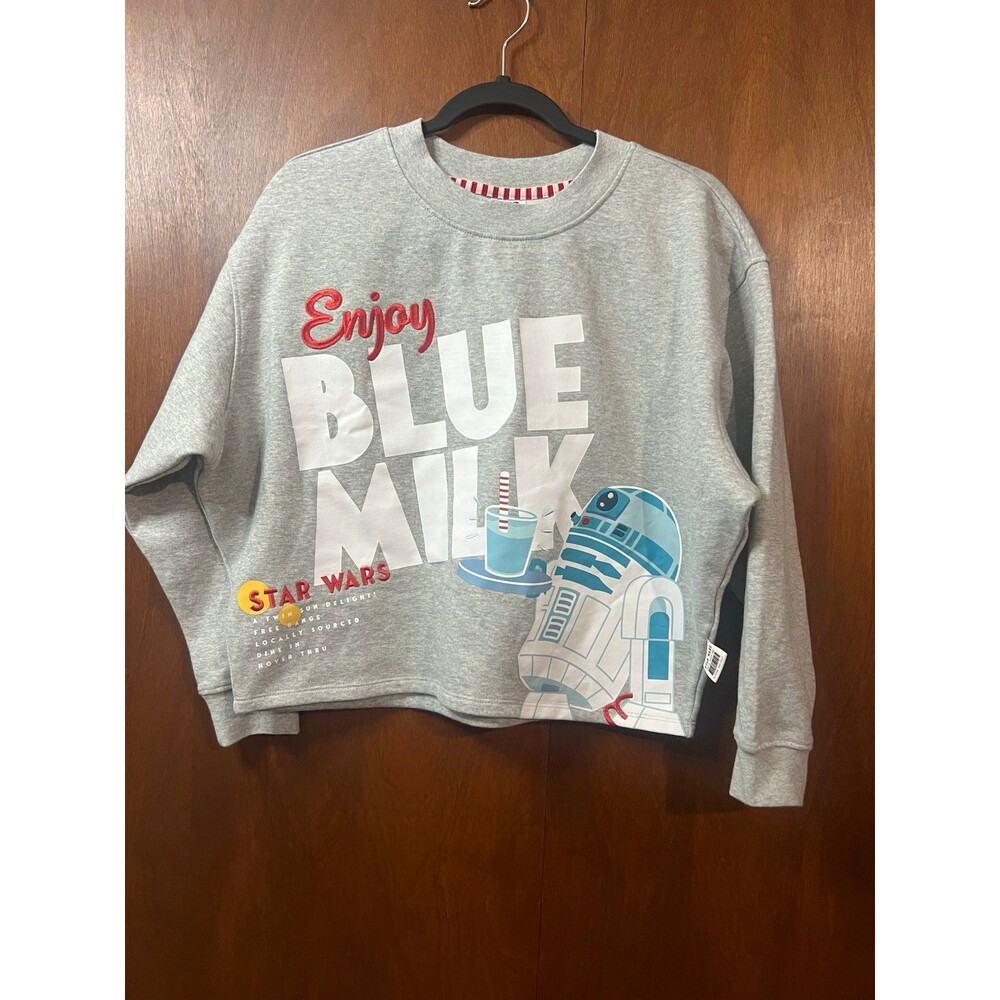 Star Wars Disney R2-D2 Blue Milk Graphic Print Gray Crewneck Crop Sweatshirt XS